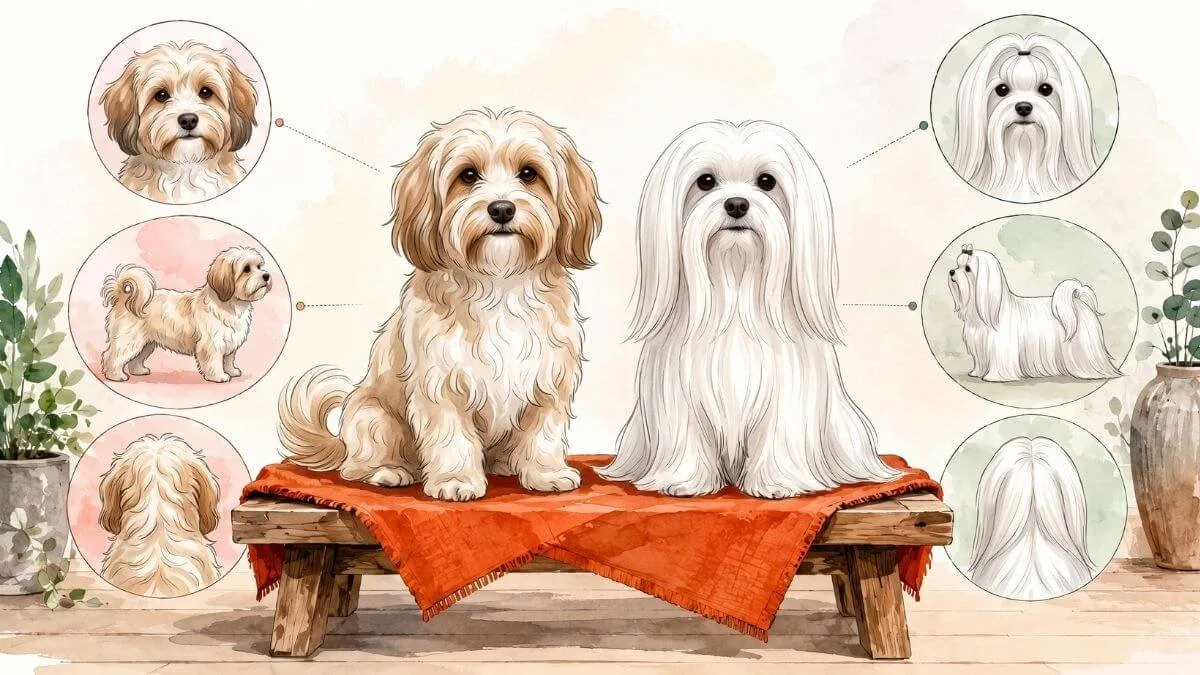 A cream and tan havanese and a white maltese sitting side by side on a low bench
