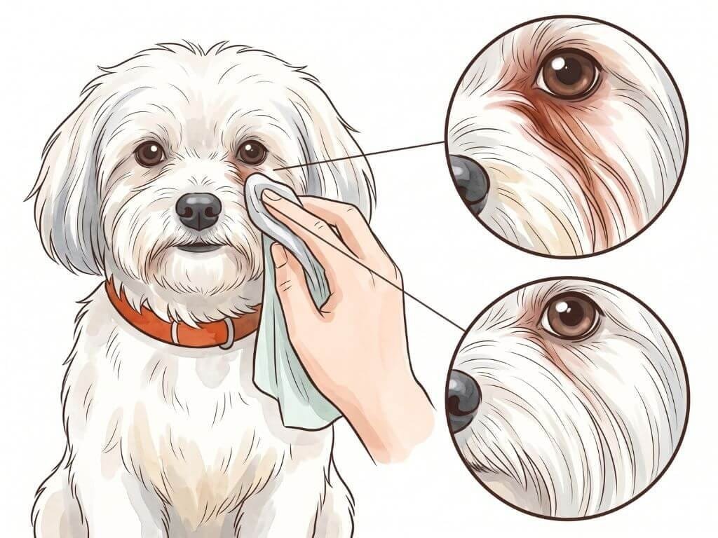 A white dog's face shown with tear staining under the eye and after a daily wipe, with a magnified view of the stained hair