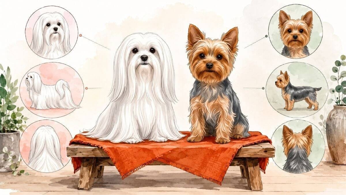 A white long-coated Maltese and a steel-blue and tan Yorkshire Terrier sitting side by side on a low bench