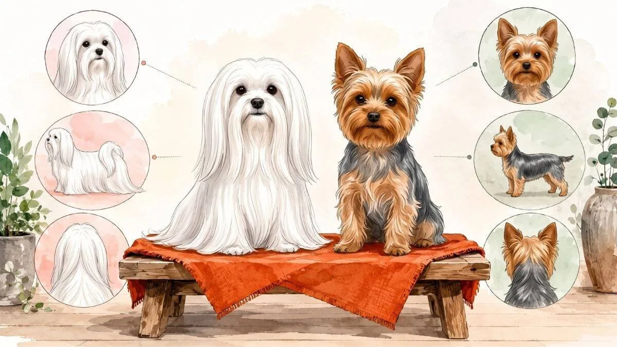 A white long-coated Maltese and a steel-blue and tan Yorkshire Terrier sitting side by side on a low bench