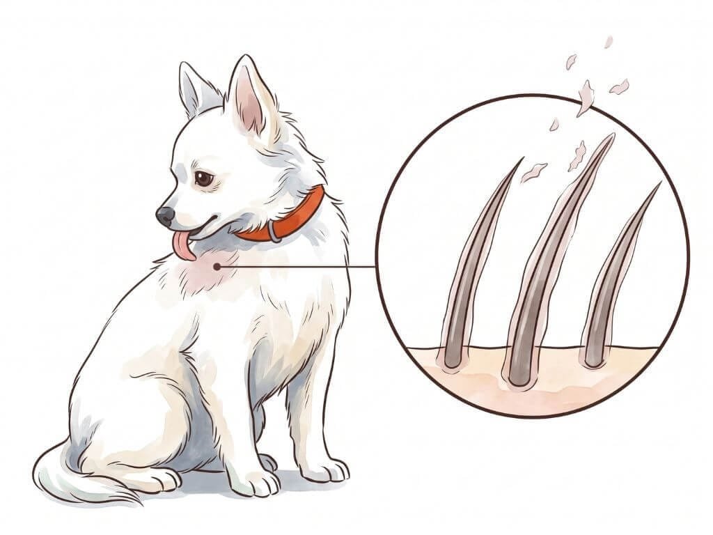 A small white dog licking its shoulder, with a magnified view showing dried saliva protein coating the hair shafts