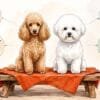 An apricot miniature poodle and a white bichon frise sitting side by side on a low bench