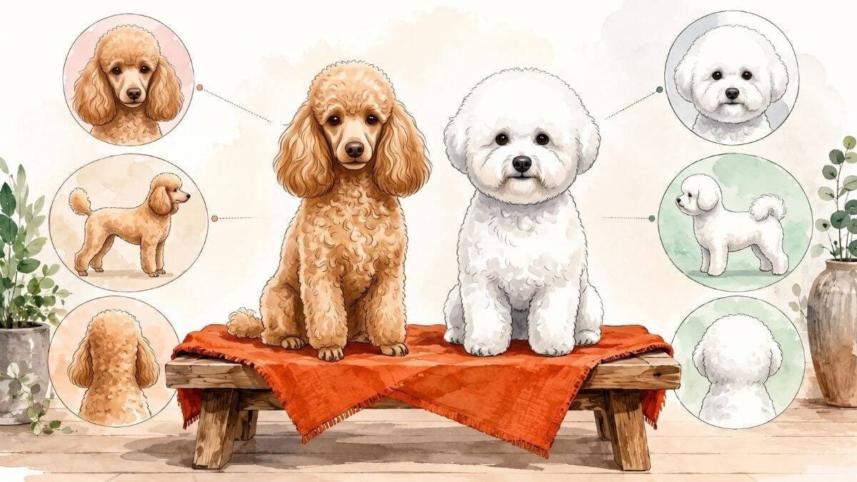 An apricot miniature poodle and a white bichon frise sitting side by side on a low bench