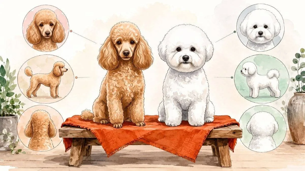 An apricot miniature poodle and a white bichon frise sitting side by side on a low bench