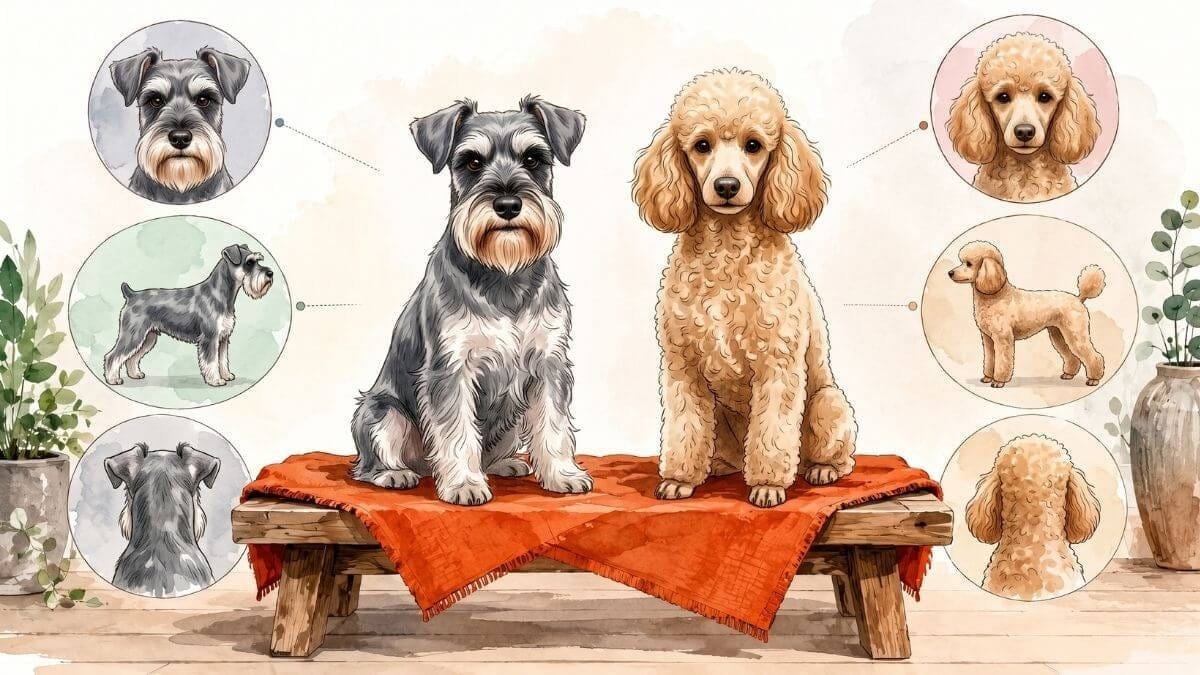 A salt and pepper miniature schnauzer and an apricot miniature poodle sitting side by side on a low bench